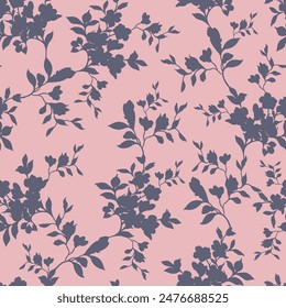 grey seamless floral vector small flowers leaves pattern on pink background