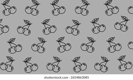 Grey seamless pattern with cherry. Background cherries and leaves. Vector design sweet berries as wallpaper	