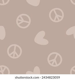 Grey seamless pattern with peace symbols and hearts