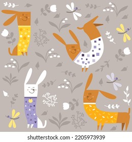 Grey seamless pattern with playing dogs. Design for children. Vector flat illustration.