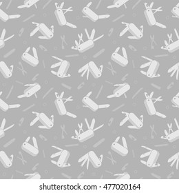 Grey Seamless pattern with Swiss Folding knives to take apart flat icon vector; Swiss Multi-tool instrument; Parts of folding knife