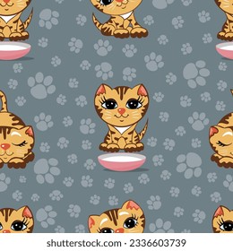 Un patrón gris sin costuras de varios gatitos dulces de tabby, un interminable patrón de gatitos a rayas juguetones en diferentes poses y huellas de pata
