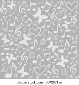 Grey seamless pattern wallpaper of musical notes. Vector Illustration