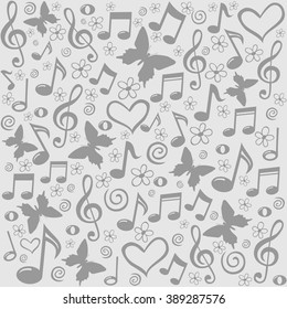 Grey seamless pattern wallpaper of musical notes. Vector Illustration