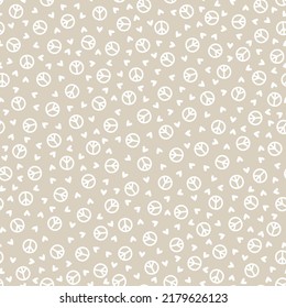 Grey Seamless Pattern With White Hearts And Peace Sign.