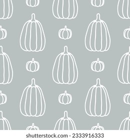 Grey seamless pattern with white outline pumpkin