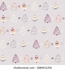 Grey seamless pattern with yellow pink white Christmas tree lines and doodle stars. Winter texture, textiles, children wallpaper.