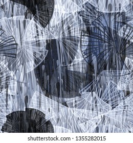 Grey seamless texture from blots and stylized floral elements. Abstract vector background. Grunge pattern.