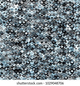 Grey seamless texture from circles, arcs, rings. Like chain mail or fish scales. Abstract vector background for web page, banners backdrop, fabric, home decor, wrapping