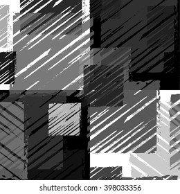 Grey seamless vector background pattern with elements of squares and stripes