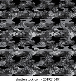 grey seamless vector cameo with black paisley pattern on background