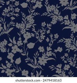 grey seamless vector flowers leaves pattern on navy background