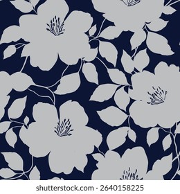 grey seamless vector flowers with leaves pattern on navy background