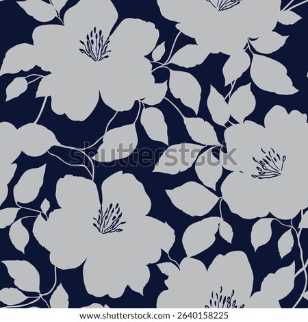 grey seamless vector flowers with leaves pattern on navy background