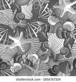 grey seamless vector marine pattern with different seashells, stones, snails, stars
