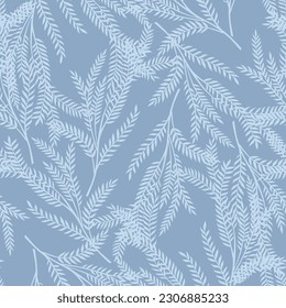 grey seamless vector small leaves pattern on blue background