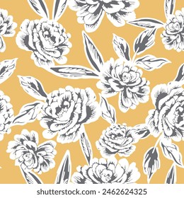 grey seamless vector stock flowers with leaf pattern on yellow background