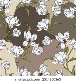 Flores de stock de Vector sin costura gris con patrón de hojas verdes sobre fondo