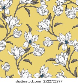 grey seamless vector stock flowers leaves pattern on yellow background