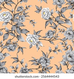 grey seamless vector stock flowers with leaves pattern on cream background