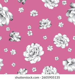 grey seamless vector stock flowers pattern on pink background
