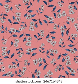 Vector sin costura gris stock Pequeñas flores con patrón de hojas azules sobre fondo rosa