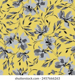 grey seamless vector texture flowers leaves pattern on yellow background
