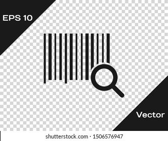 Grey Search barcode icon isolated on transparent background. Magnifying glass searching barcode. Barcode label sticker. Research barcode.  Vector Illustration