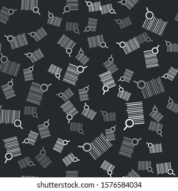 Grey Search barcode icon isolated seamless pattern on black background. Magnifying glass searching barcode. Barcode label sticker. Research barcode.  Vector Illustration