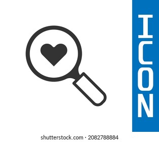 Grey Search heart and love icon isolated on white background. Magnifying glass with heart inside. Happy Valentines day.  Vector