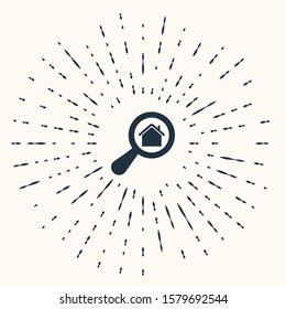 Grey Search house icon isolated on beige background. Real estate symbol of a house under magnifying glass. Abstract circle random dots. Vector Illustration