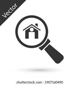 Grey Search house icon isolated on white background. Real estate symbol of a house under magnifying glass. Vector.