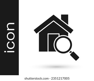 Grey Search house icon isolated on white background. Real estate symbol of a house under magnifying glass.  Vector Illustration