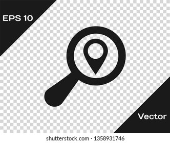 Grey Search location icon isolated on transparent background. Magnifying glass with pointer sign. Vector Illustration