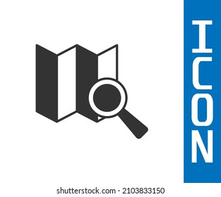 Grey Search location icon isolated on white background. Magnifying glass with pointer sign.  Vector