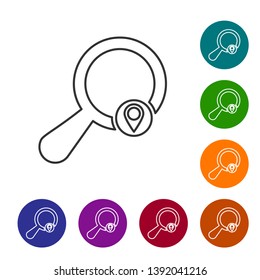 Grey Search location line icon isolated on white background. Magnifying glass with pointer sign. Set icon in color circle buttons. Vector Illustration Grey Search location line icon isolated on white background. Magnifying glass with pointer sign. Set icon in color circle buttons. Vector Illustration