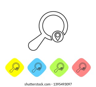 Grey Search location line icon isolated on white background. Magnifying glass with pointer sign. Set icon in color rhombus buttons. Vector Illustration