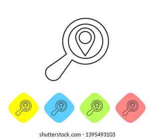 Grey Search location line icon isolated on white background. Magnifying glass with pointer sign. Set icon in color rhombus buttons. Vector Illustration