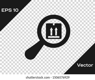 Grey Search package icon isolated on transparent background. Parcel tracking symbol. Magnifying glass and cardboard box. Logistic and delivery.  Vector Illustration