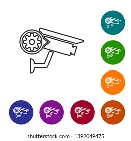 Grey Security camera and gear line icon on white background. Adjusting app, service concept, setting options, maintenance, repair, fixing. Set icon in color circle buttons. Vector Illustration