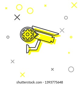 Grey Security camera and gear line icon isolated on white background. Adjusting app, service concept, setting options, maintenance, repair, fixing. Vector Illustration