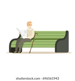 Grey senior man sitting on a wooden bench and reading book colorful character vector Illustration