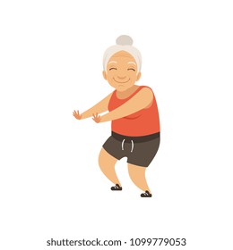 Grey senior woman in sports uniform doing squats, grandmother character doing morning exercises or therapeutic gymnastics, active and healthy lifestyle vector Illustration on a white background