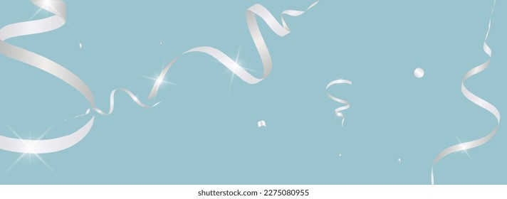 Grey Serpentine Abstract Vector Panoramic Blue Background. Party Confetti Poster. Ribbon Anniversary Branch. Silver Fun Design.