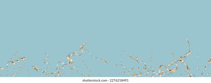 Grey Serpentine Happy Vector Panoramic Blue Background. Paper Star Poster. Streamer Shiny Invitation. Foil Flying Plant.