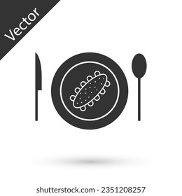 Grey Served cucumber on a plate icon isolated on white background. Marine food.  Vector