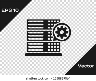 Grey Server and gear icon isolated on transparent background. Adjusting app, service concept, setting options, maintenance, repair, fixing. Vector Illustration