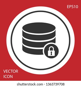 Grey Server security with closed padlock icon isolated on red background. Database and lock. Security, safety, protection concept. White circle button. Vector Illustration
