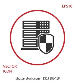 Grey Server with shield icon isolated on white background. Protection against attacks. Network firewall, router, switch or server, data, center. Red circle button. Vector Illustration
