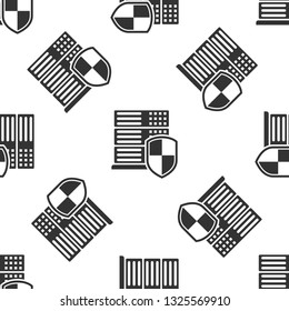 Grey Server with shield icon isolated seamless pattern on white background. Protection against attacks. Network firewall, router, switch or server, data, center. Vector Illustration